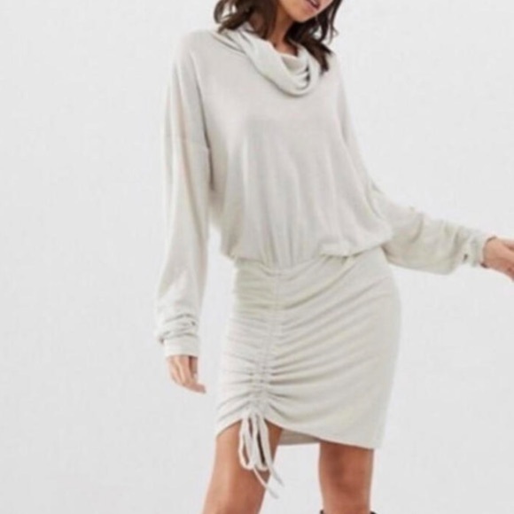 Free People Dresses & Skirts - FREE PEOPLE cream ribbed cowl neck ruched sweater dress